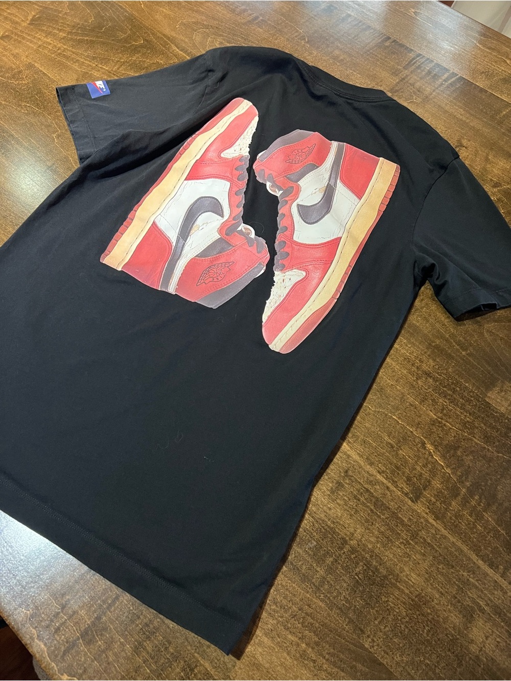 Jordan Black Short Sleeve Tee with Red, retro Jordan Air Force 1 - men’s small